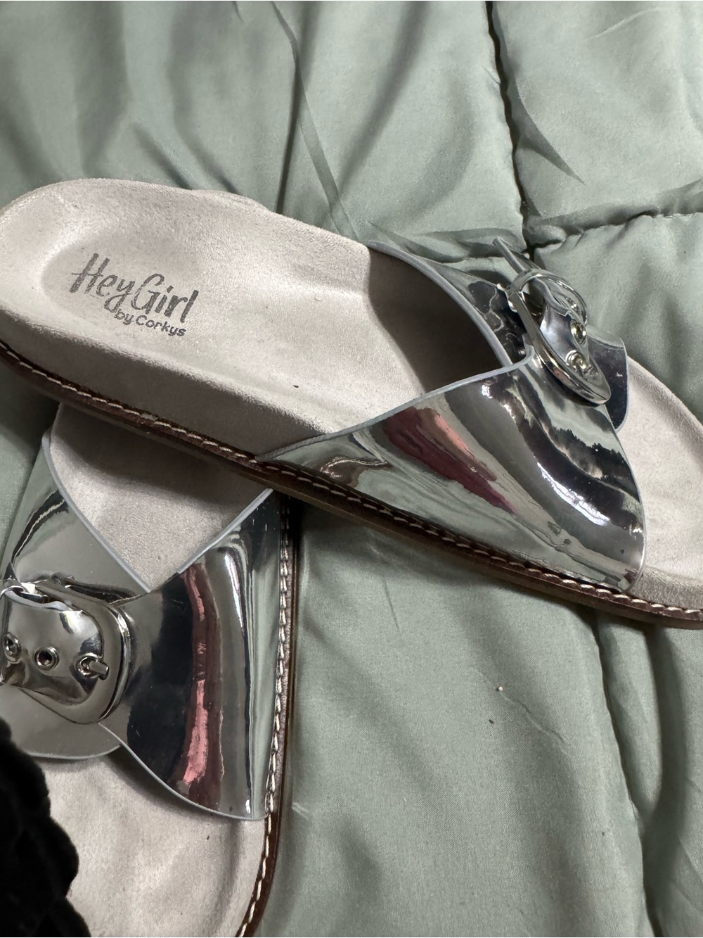 Hey Girl by Corkys Metallic Silver Buckle Toe-Post Sandals